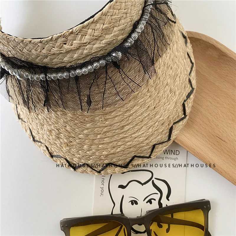 Hot Girl Black Lace Pearl Rafia Headless Hat Fem Summer Outdoor Shopping Camping Hat X250109