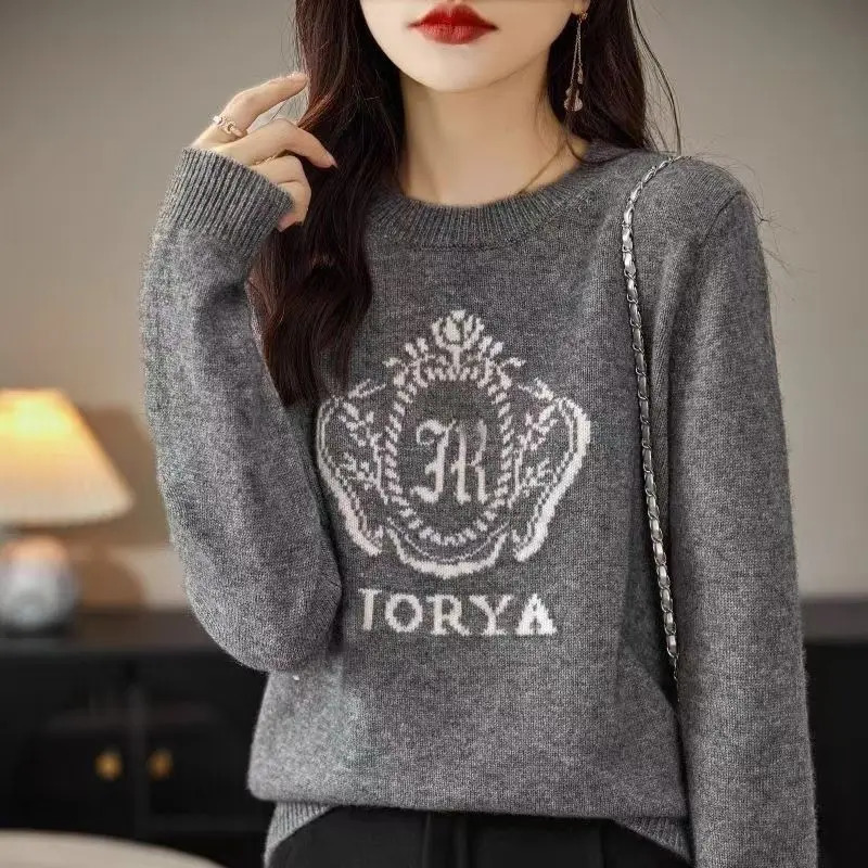 Women Letter Jacquard Knitted Sweater Autumn Winter Oeck Loose Vintage Chic Pullovers Casual Fashion Long Sleeve Tops 250108