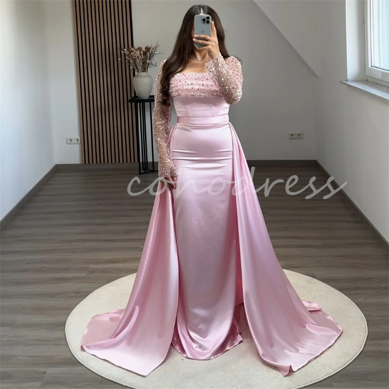 Saudi Arabic Baby Pink Evening Dress With Overskirt Train 2 In 1 Dubai Abaya Prom Dress Long Sleeve Sequin Engagement Dress Ceremony Formal Occasion B