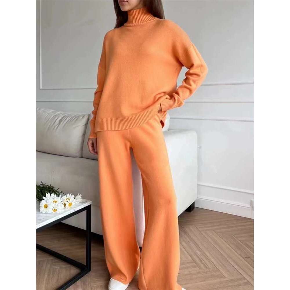 Women's Wear Autumn Winter 2 Pieces Women Sets Knitted Tracuit Turtleneck Sweater And Straight Jogging Pants Suits