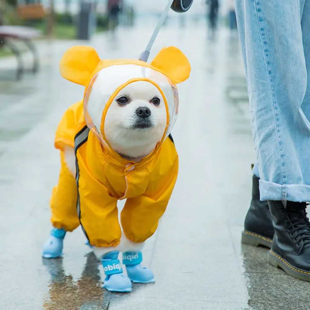 Cute Bear Shape Dog Raincoat Puppy Rain Jacket Full Body Coverage with Hat Reflective Double Layered Waterproof Dog Hooded CloakXJ250109