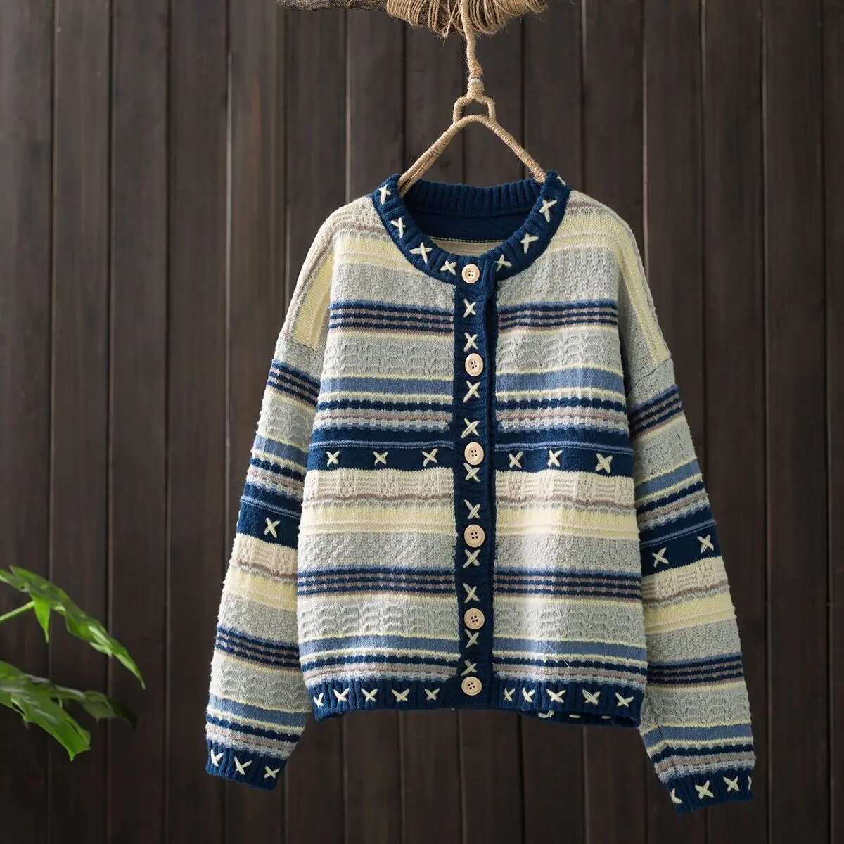 Women Prairie Chic Loose O-Neck Striped Patchwork Oversized Sweater Female Knitting Cardigan All-Match Buttons Preppy Style Tops