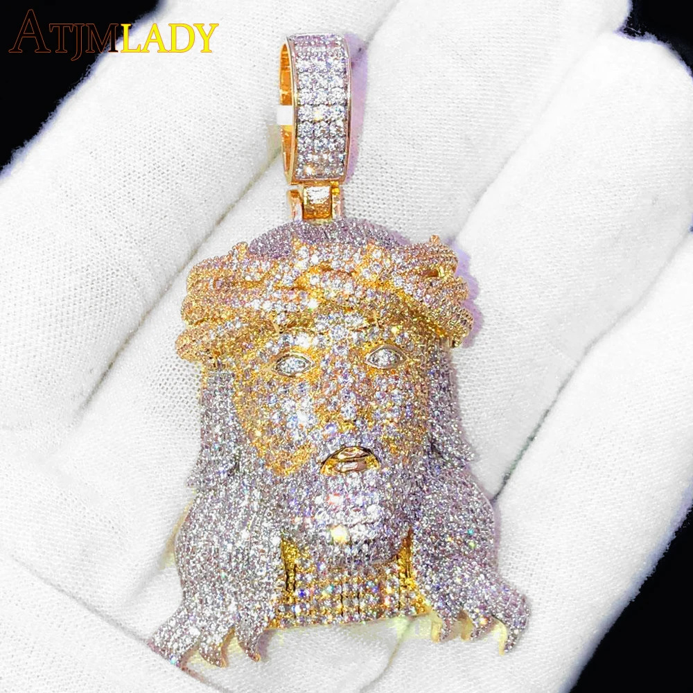 Full Micro Paved 5A Cubic Zirconia CZ Bling Big Jesus Christ Head Necklace Pendant For Men Iced Out Hip Hop Christian Jewelry 250109