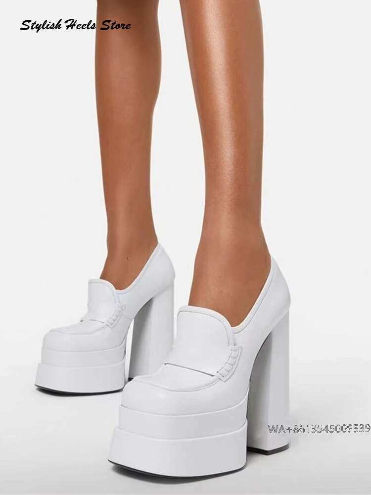 Stylish Double Platform Chunky Heel Modern Women's Square Toe Slip On Shallow Shoes Classic Super High Heels Runway Pumps