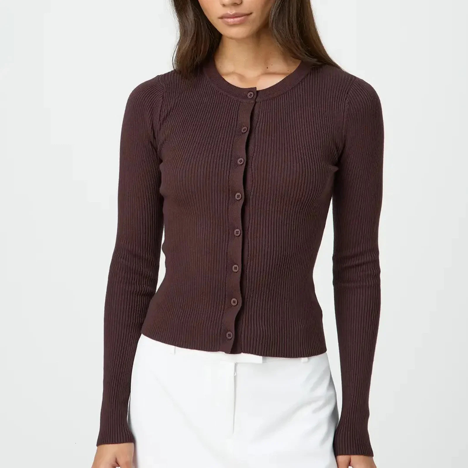 Women Autumn Winter Cardigan Long Sleeve Round Neck Button Up Ribbed Knitwear Slim Sweater 250108