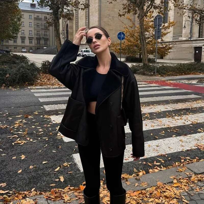 TRAF Women's Thick Warm Winter Fur Faux Leather Oversized Jacket Fashion Long Sleeve Coat Female Outerwear Chic Tops