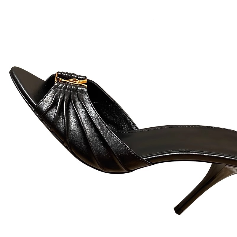 Wrinkled surface metal buckle fish mouth sexy slim heeled sandals 2024 new high heels with open toe slippers for women's outdoor wear