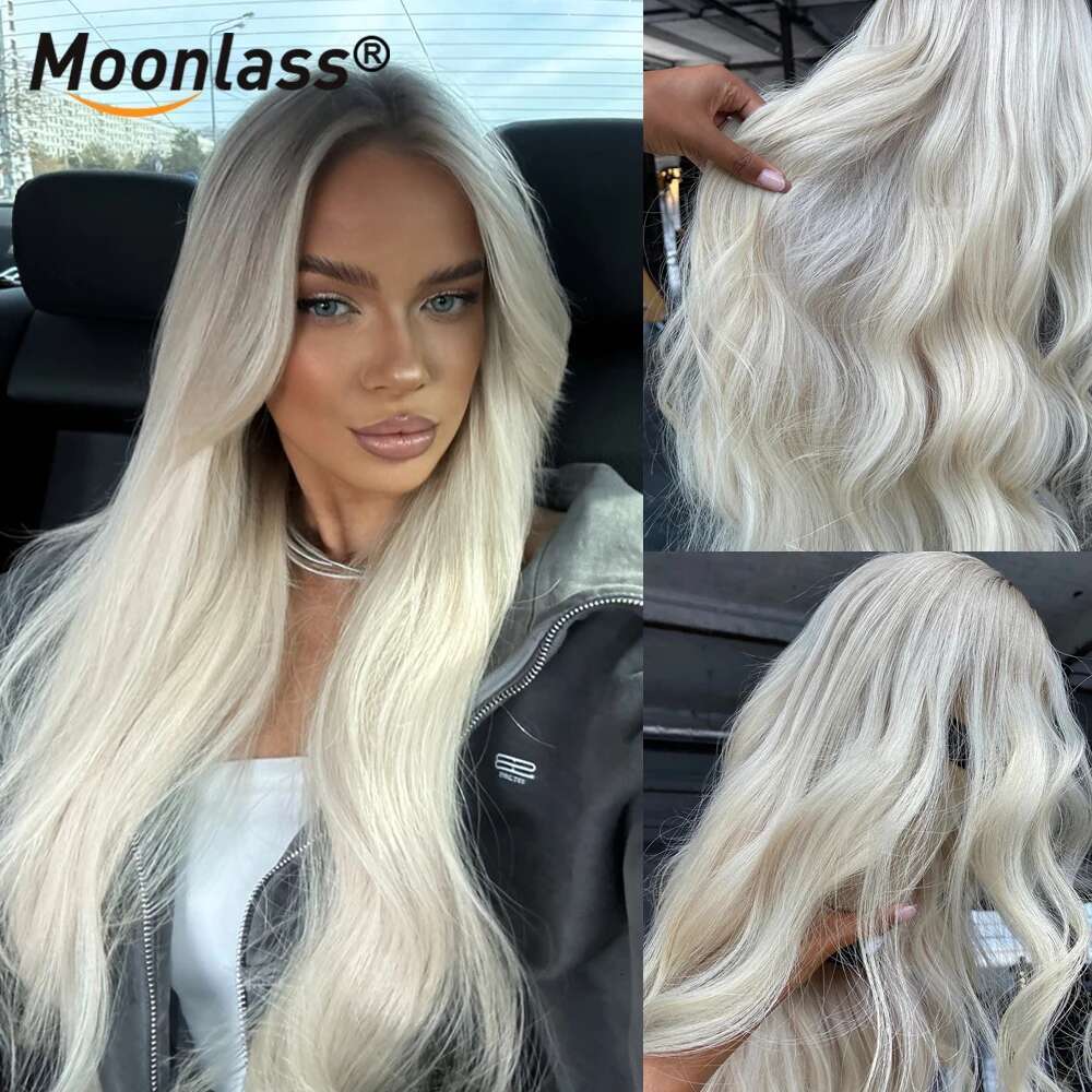 Moonlass Christmas Platinum Blonde With Dark Roots Body Wave 100% Real Human Hair 210% Density Pre Cut Ready To Wear Wig