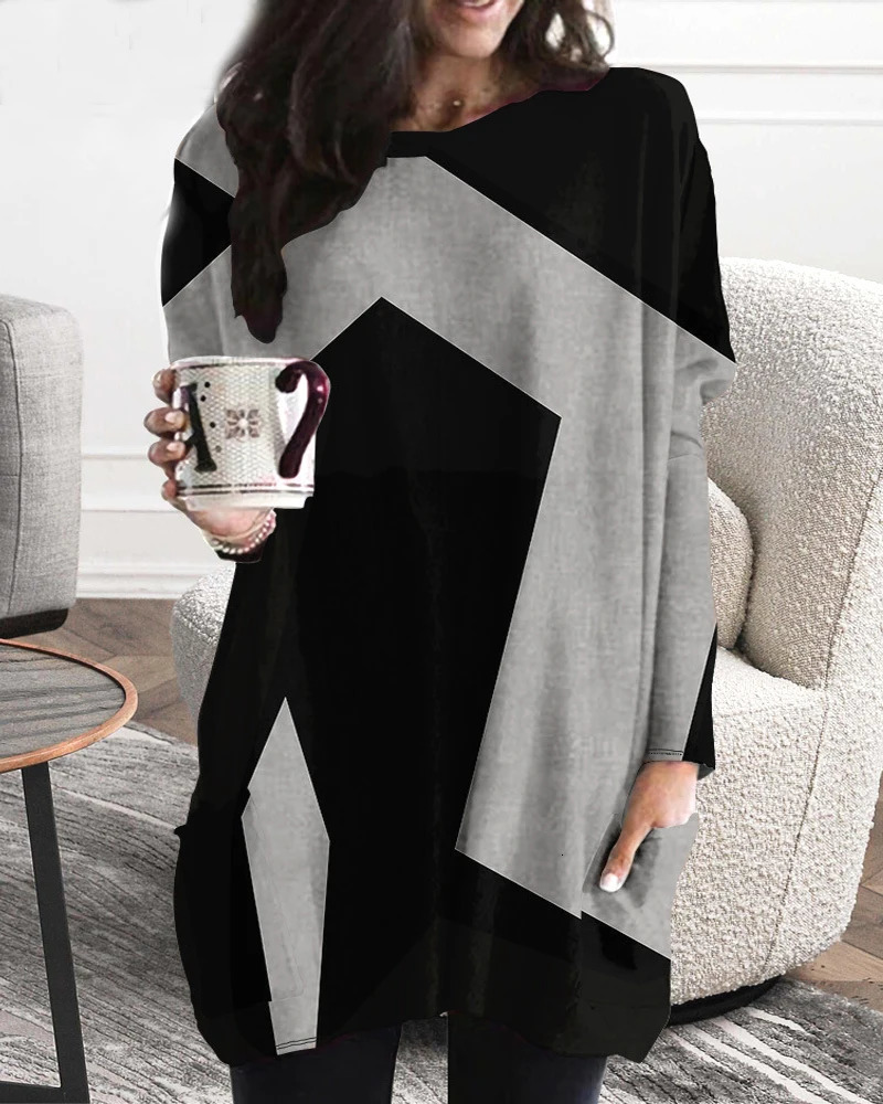 European and American Plus Size Womens Casual Fashion V Neck Long Sleeved Patchwork Dress 250106