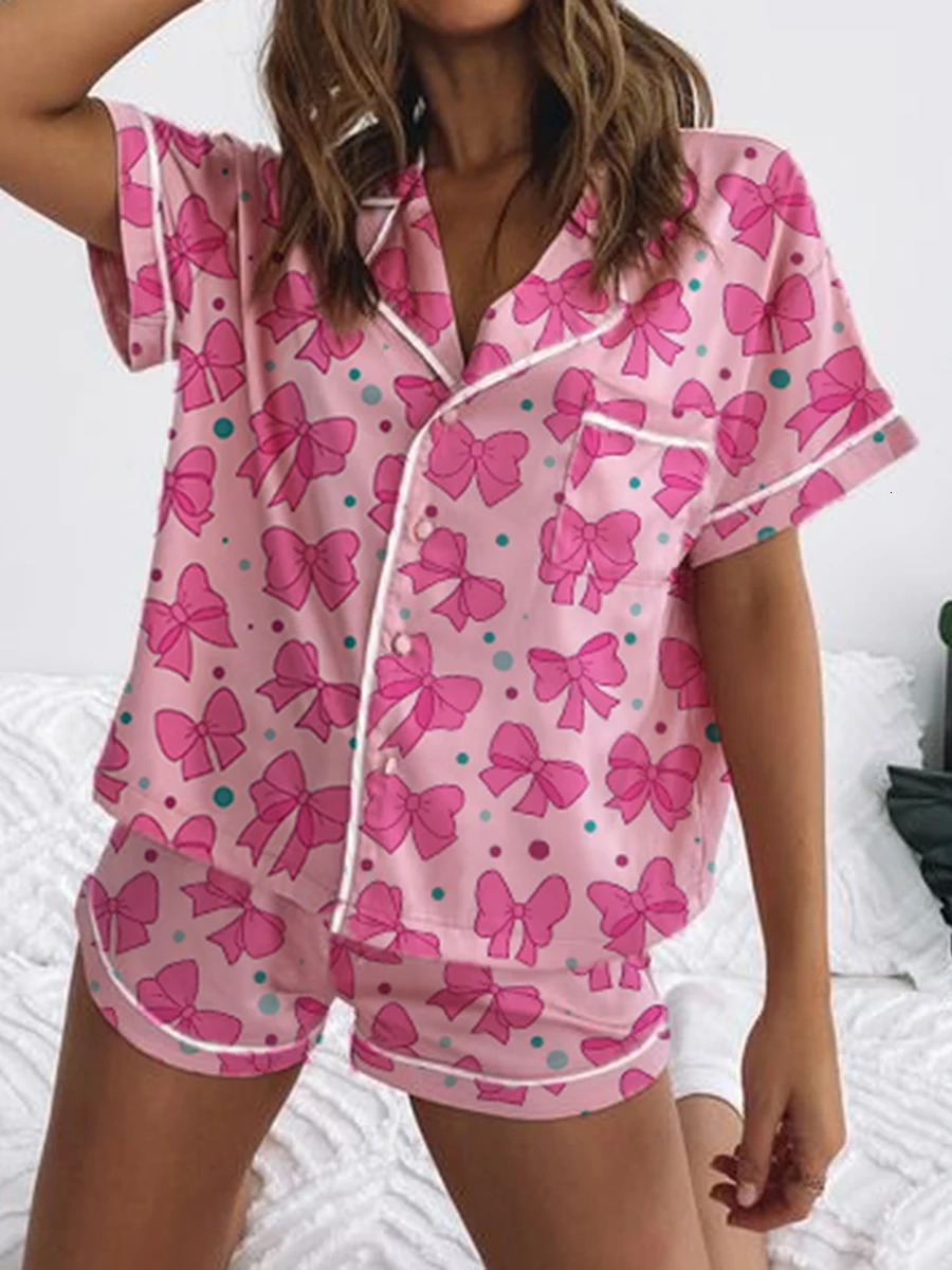 Womens Valentines Day Satin Pajamas Short Sleeve Heart Bow Strawberry Print Shirt Shorts Sleepwear Sets S M L 250110