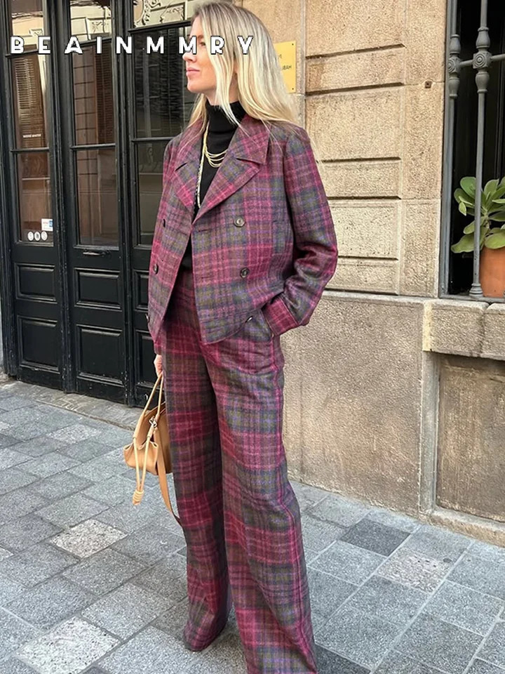 Women Vintage Plaid 2 Piece Suit Lapel Double Breasted Full Sleeves Blazer Set Wide Leg Pants High Street Outfits 250106