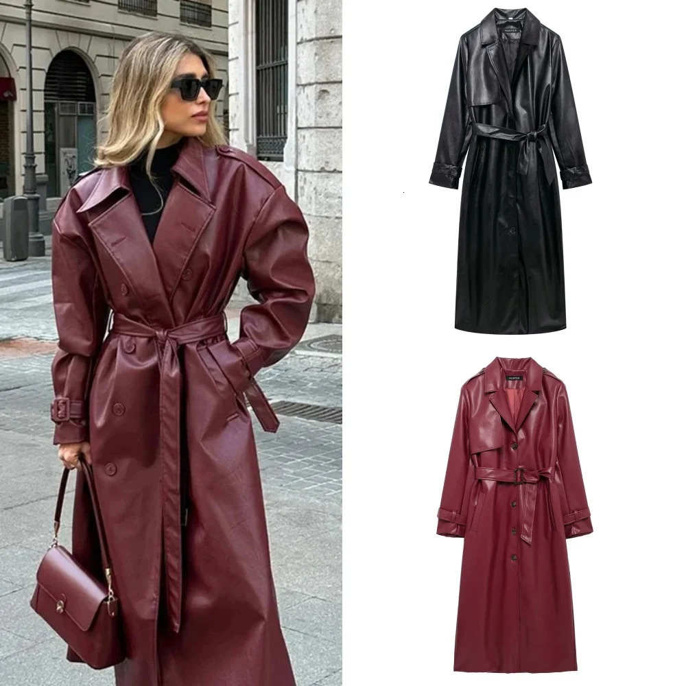 2024 Women Fashion with Belt Long Style Single Breasted Faux Leather Coat Vintage Sleeve Pockets Female Outerwears 250103