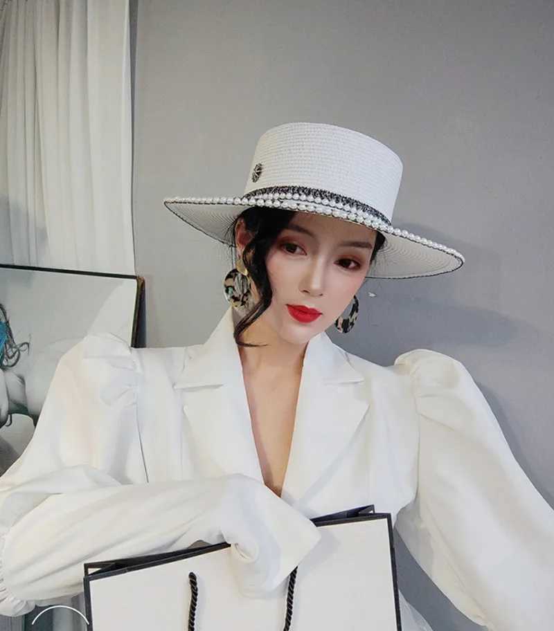 Luxury rhinestone white text hat wide brown French lace work hat pearl retro fashion text hat flat top hat beach trend X250109
