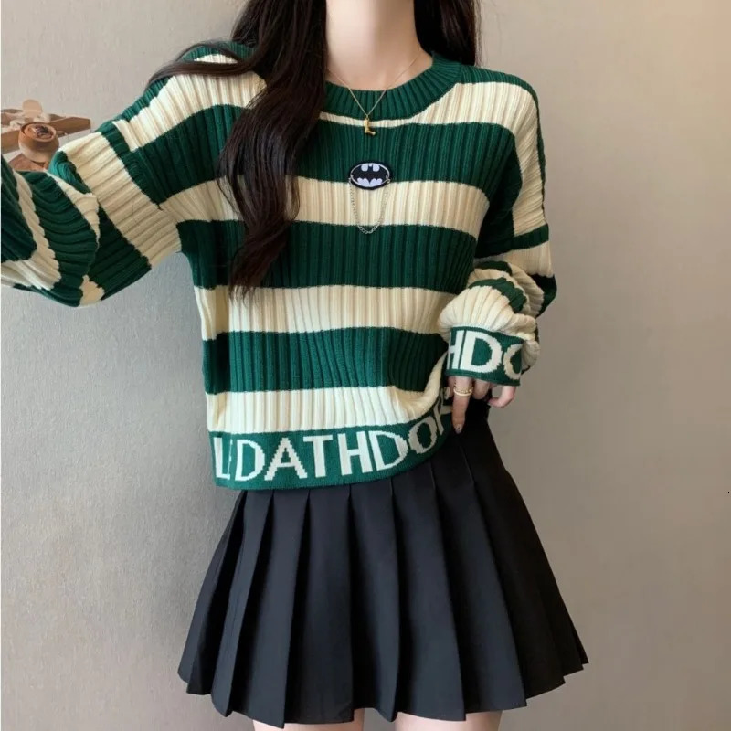 Autumn Winter Fashion Letter Striped Knitwear Women Simplicity Thick Oneck Long Sleeve Sweater Casual Allmatch Knitting Tops 250108
