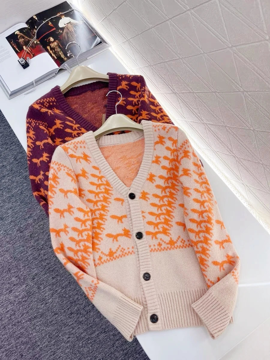 y n Autumn Winter Fox Knit Cardigan Sweater For Women Long Sleeve Top Pullover Knitwear Outerwears Clothes 250108