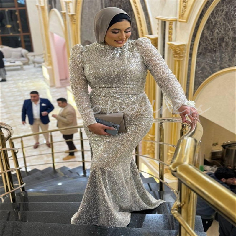 Sparkly Sequined Muslim Evening Dress Plus Size Shine Mermaid Prom Dress Arabic Dubai Abaya Birthday Formal Party Dress Luxury Vestidos De Fiesta 2025