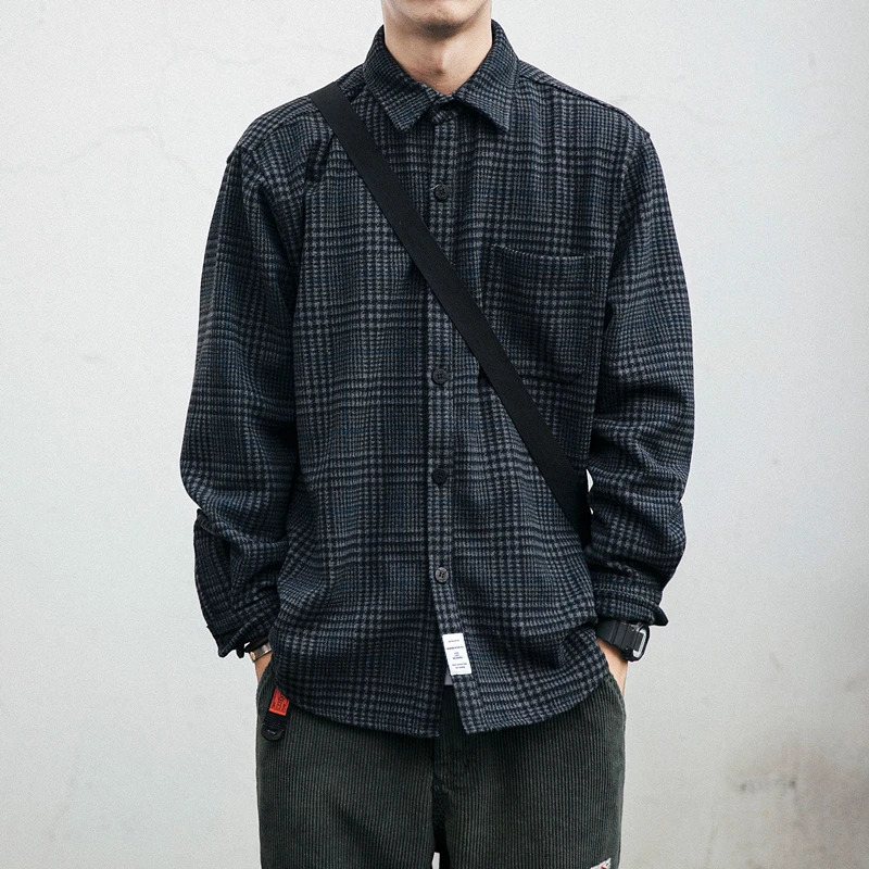 High Quality Thick Woolen Shirt Men Clothing Japanese Streetwear Lapel Long Sleeve Casual Plaid Top Harajuku Coats Male 250108