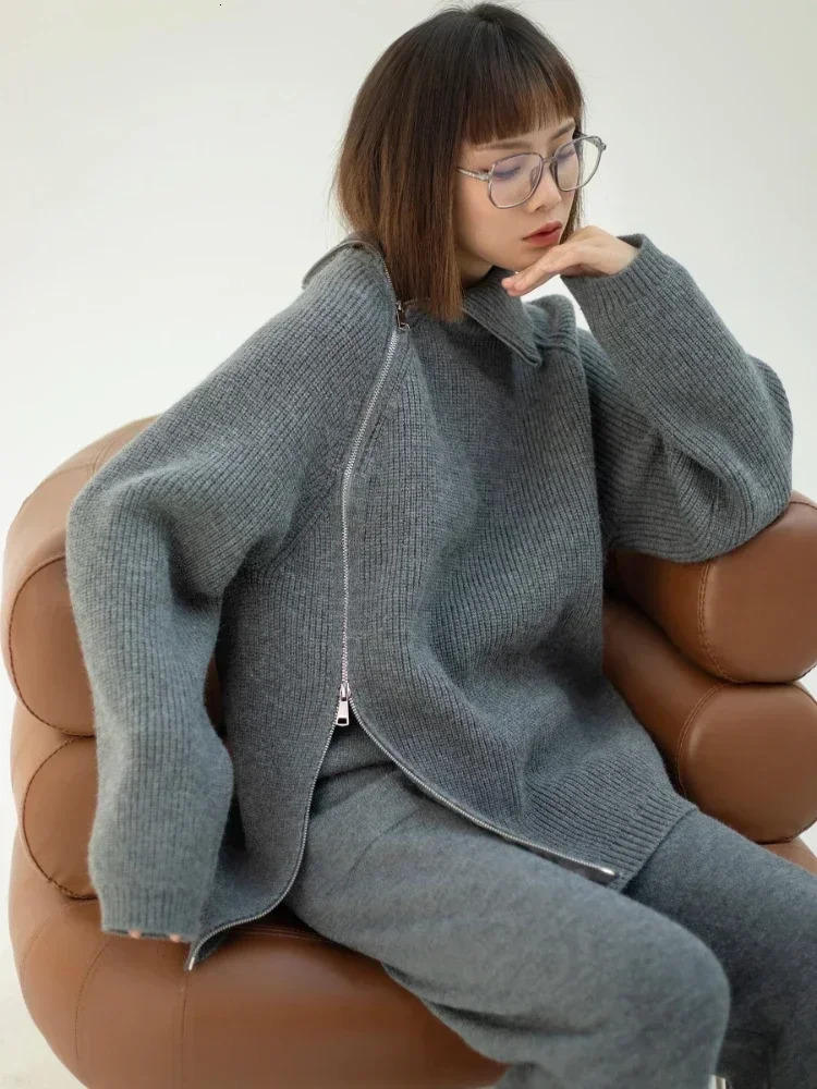 Autumn Knitted Two Piece Set Women Zipper Sweaters and Wideleg Pants Suit Solid Highneck Pullover Sets for 2 Pieces 250106