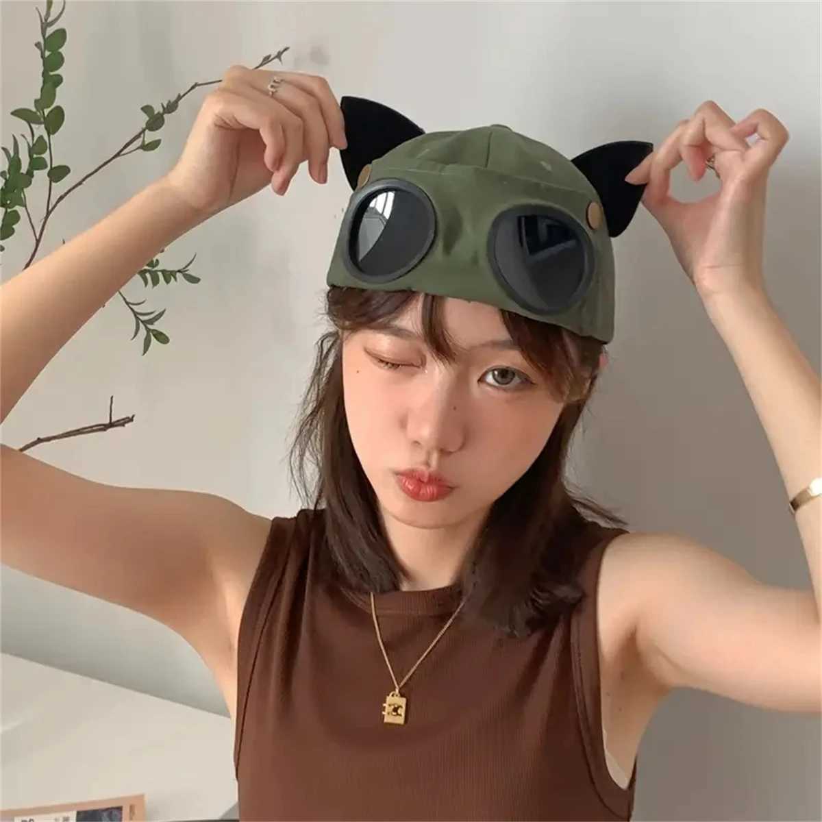 New Cats ears (Steamed cat-ear shaped bread) pilots baseball caps fashionable sun protection retro hats both positive and negative X250109