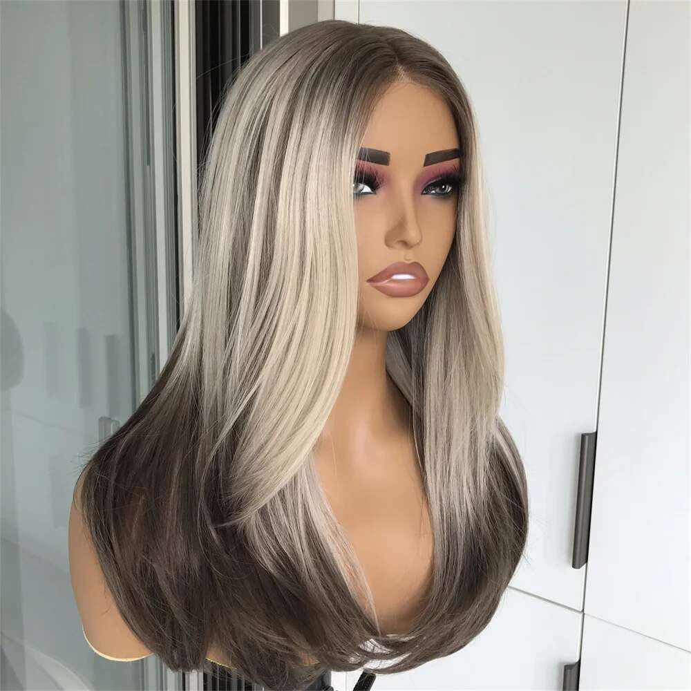 Wear And Go Layered Cut Pre Plucked Beginner Synthetic Lace Front Wig With Bangs Straight Wigs For Women Highlights