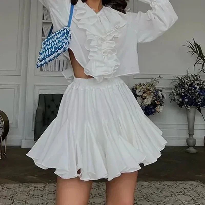 Elegant High Waist Mini Skirt White Ruffled for Women Fashion Casual Pleated Fluffy Aline Skirts Summer Lady Party Streetwear 250106