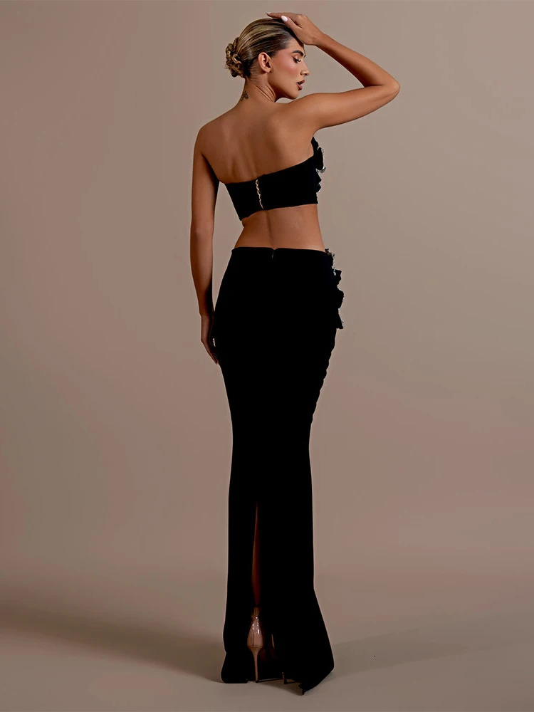 Sexy Long Sleeves Bandage 2Piece Sets Women Turtleneck Shiny Diamonds Flower Top Bodycon Mini Skirts Suits Evening Party Set 250106