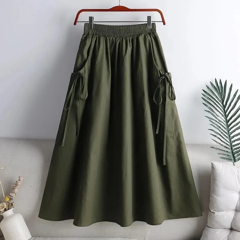 Solid Elastic Waist Drawstring Skirt Women Spring Summer Streetwear Thin AllMatch ALine Skirts Woman Lazy Style Loose 250106