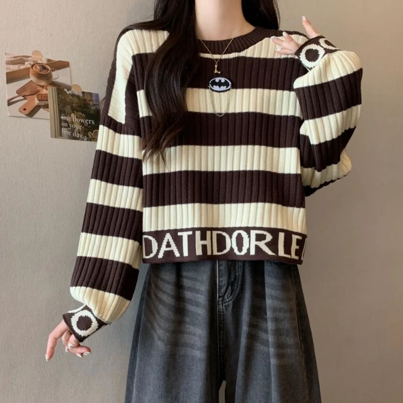 Autumn Winter Fashion Letter Striped Knitwear Women Simplicity Thick Oneck Long Sleeve Sweater Casual Allmatch Knitting Tops 250108