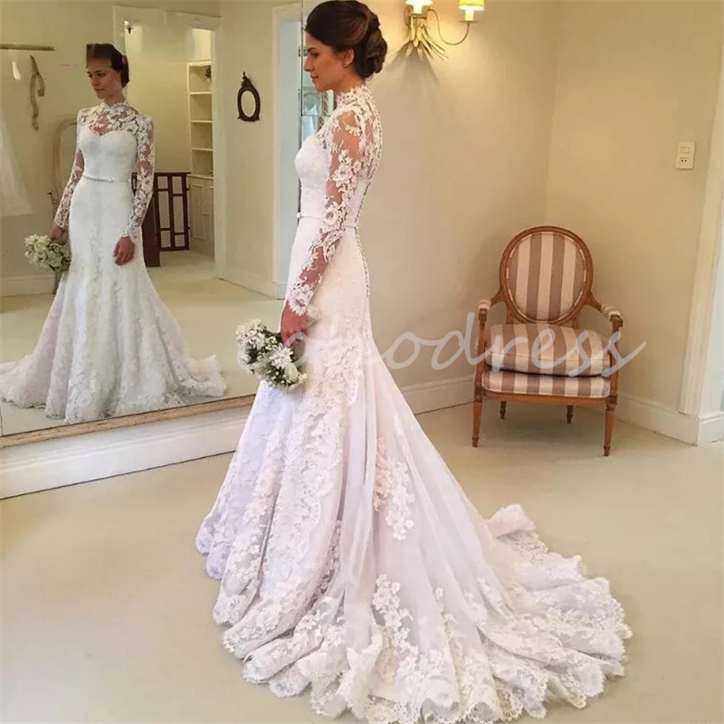 Exquisite Mermaid Wedding Dress Curvy High Collar Long Sleeve Civil Boho Bride Dress Elegant Country Bridal Western Gelinlik Vestidos De Novia Boda Bo