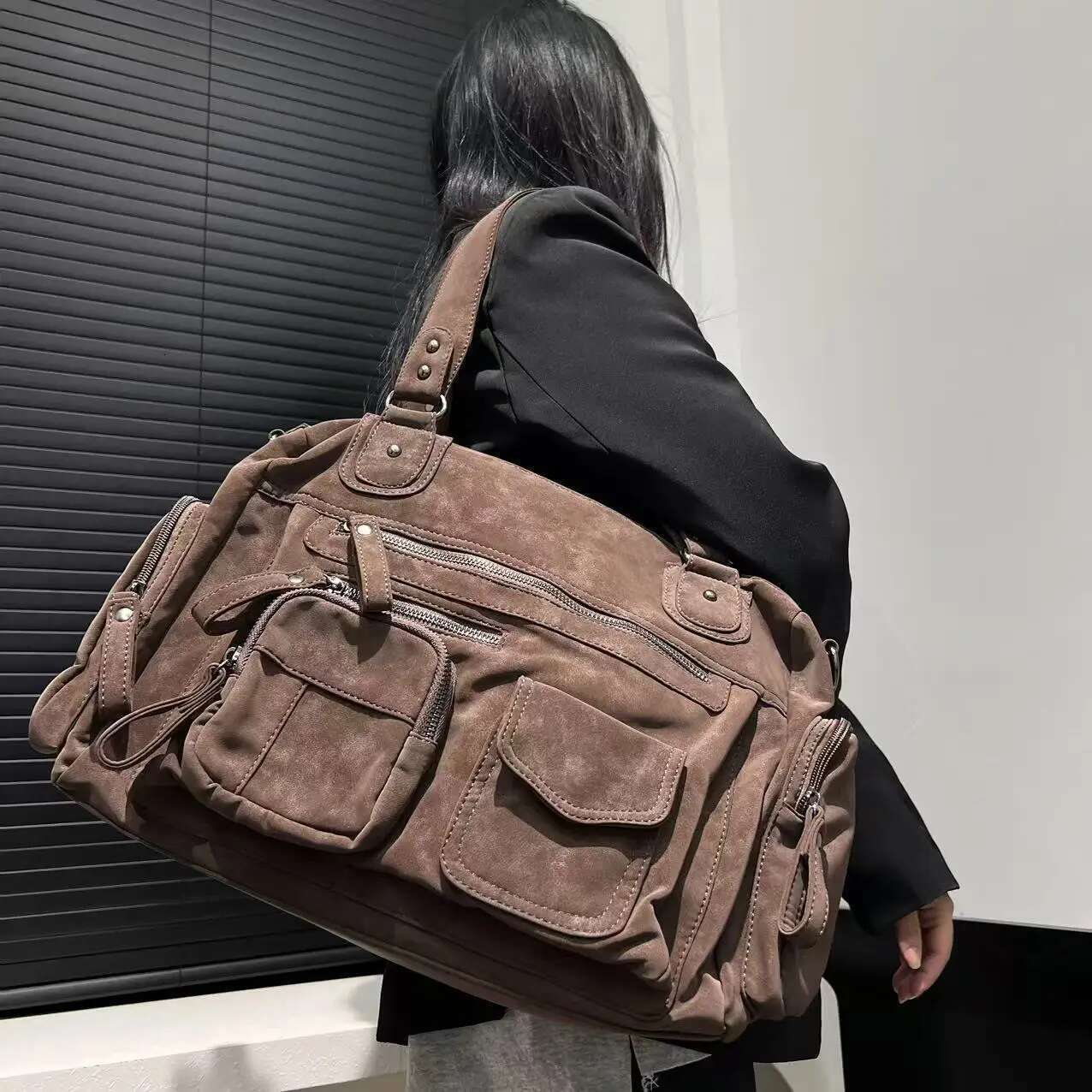 Ladies' Fashionable Y2k Spicy Girl Suede Motorcycle Bag With Large Capacity, Single Shoulder Diagonal Cross Handbag