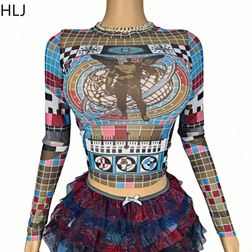HLJ Y2K Fashion Trend Multicolour Two Piece Sets Women Round Neck Mesh Long Sleeve Crop Top And Ruffle Lace Mini Skirts Outfits 250106