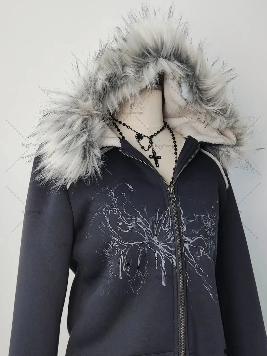 Gothic Punk Fur Collar Zipper Hoodie Y2K Harajuku Rhinestone Sweatshirt Women Casual Retro Trendy Clothing 250110