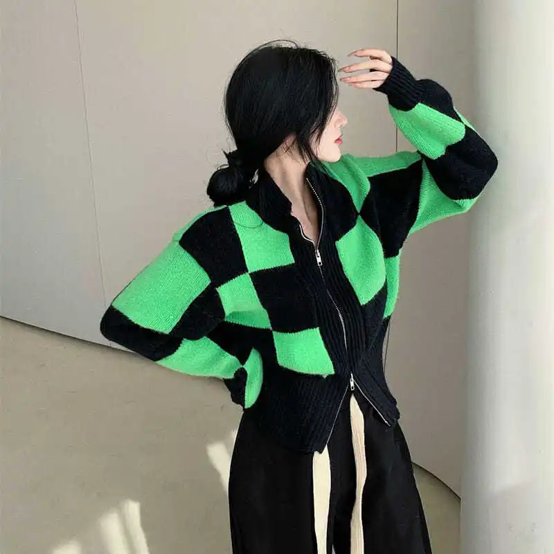 Korobov Korean Elegant Women Turtleneck Crop Cardigans Japanese Hit Color Plaid Harajuku Cardigan Vintage Zipper Sweaters 250108