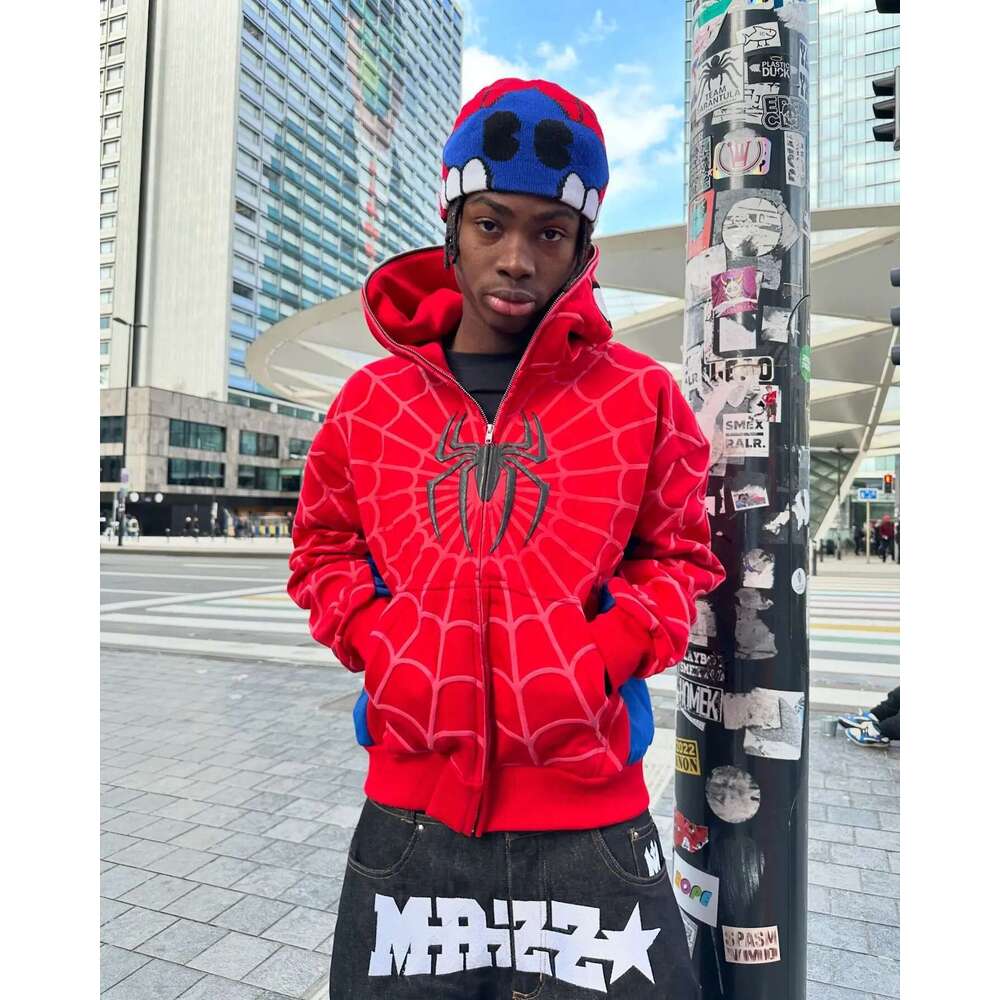 America Classics Gothic Red Spider Print Hooded Cardigan Full Zip Up Loose Men Women Hip Hop Hoodie Jacket Y2k Street Sweatshirt