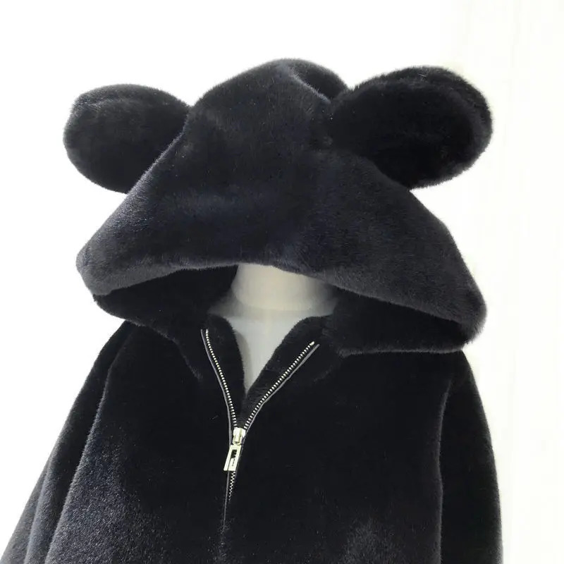 Mens Faux Fur Hooded Coat Autumn Winter Mink Jacket Cute Bear Ears Thickened Loose Solid Color Tops 250107