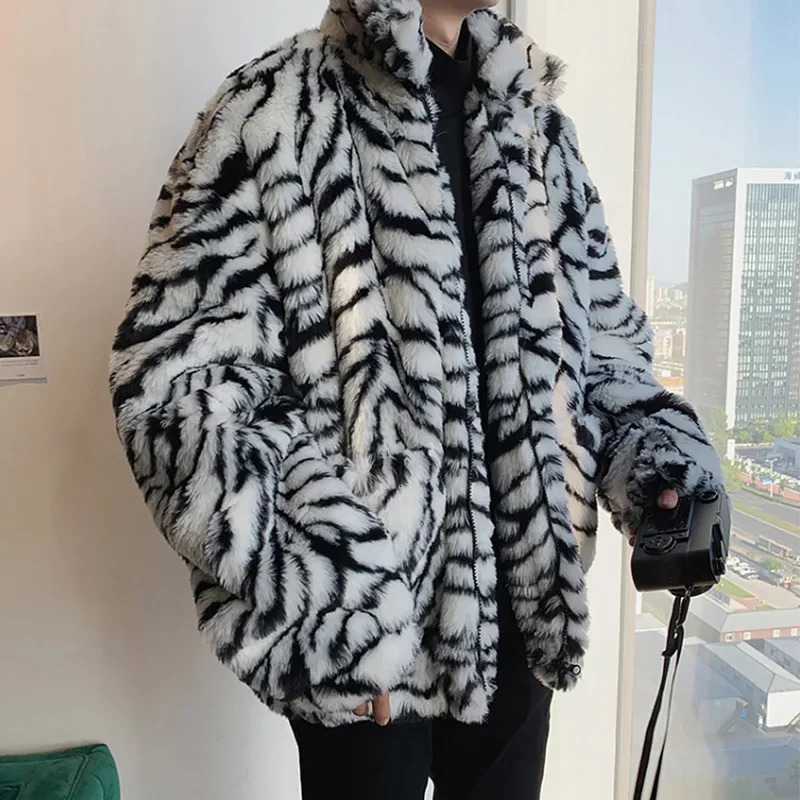 Faux Fur Coat for Men Turndown Collar Tiger Leopard Jacket Thick Winter Warm Fluffy Plush Loose Jumper Outwear 250107