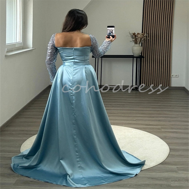 Luxury Blue Sequined Evening Dresses With Overskirt Train Saudi Arabic Dubai Prom Dress Long Sleeve Mermaid Formal Dress 2 in 1 Vestio De Fiesta Gala 