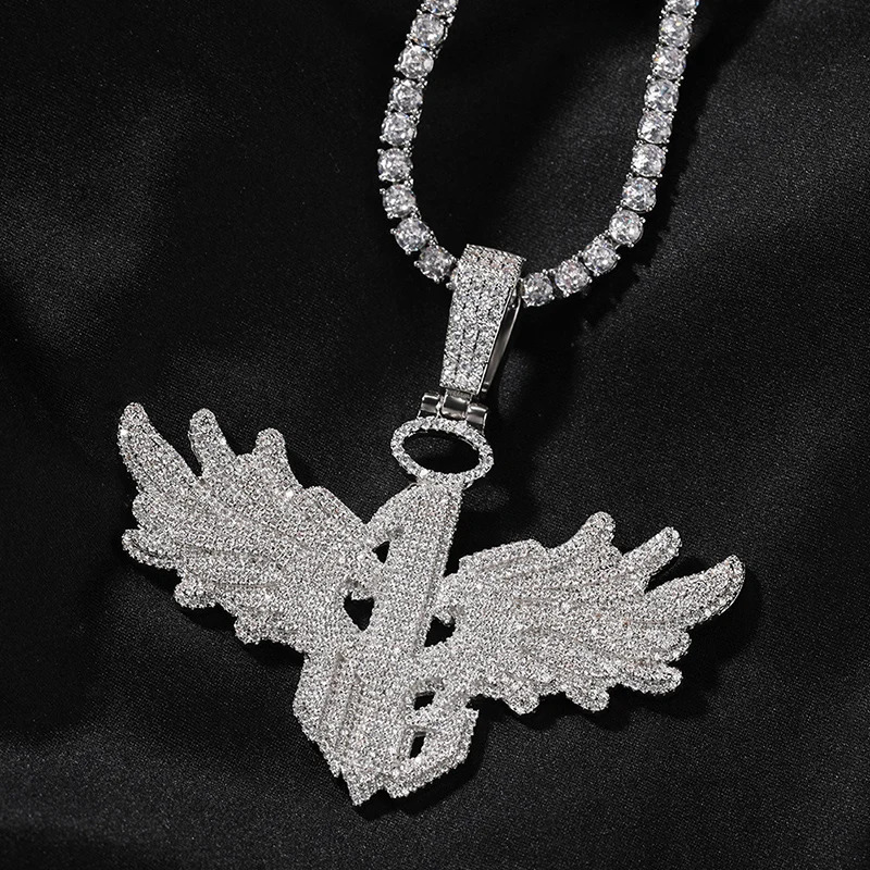 Hip Hop 5ACZ Stone Bling Ice Out Angel Wing Number 1 Pendant Necklace for Men Rapper Jewelry Gold Silver Color Drop 250109