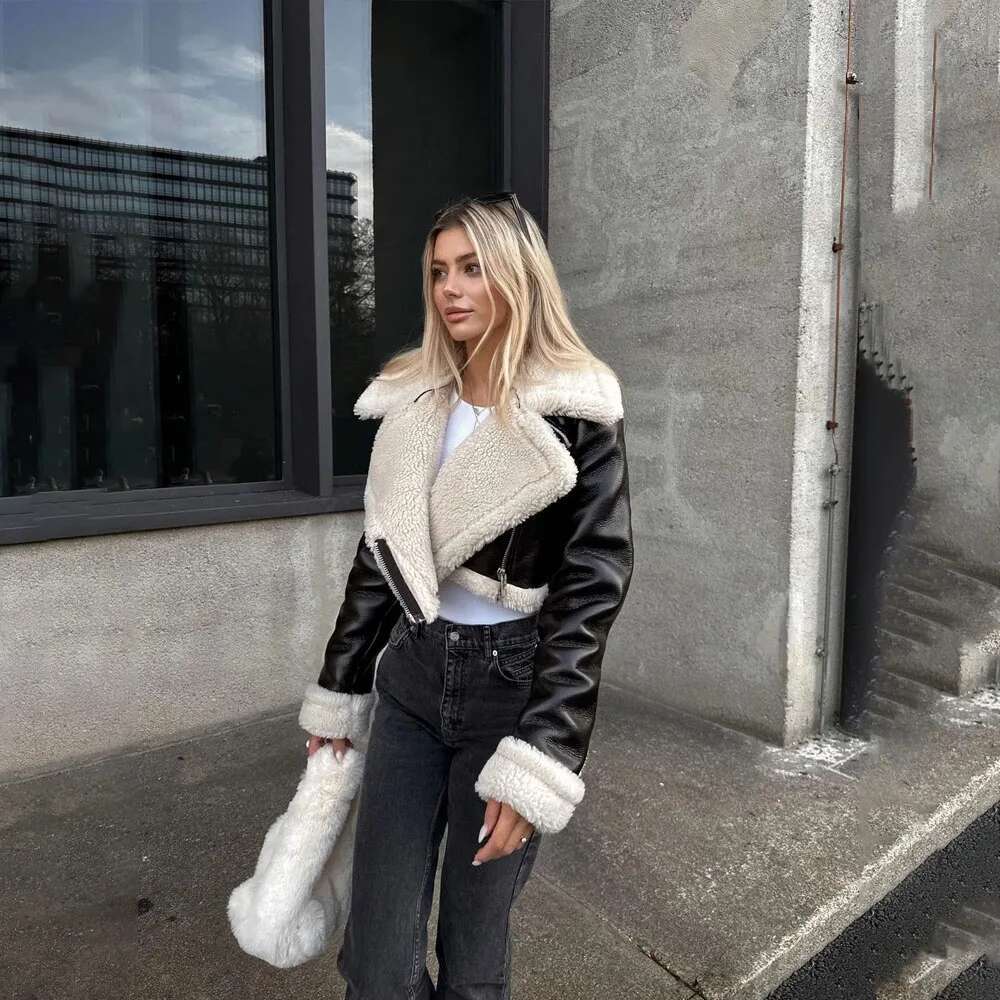 Autumn/Winter New Style European American Double-Sided Loose Fit Zippered Cropped Women's Leather One-Piece Jacket