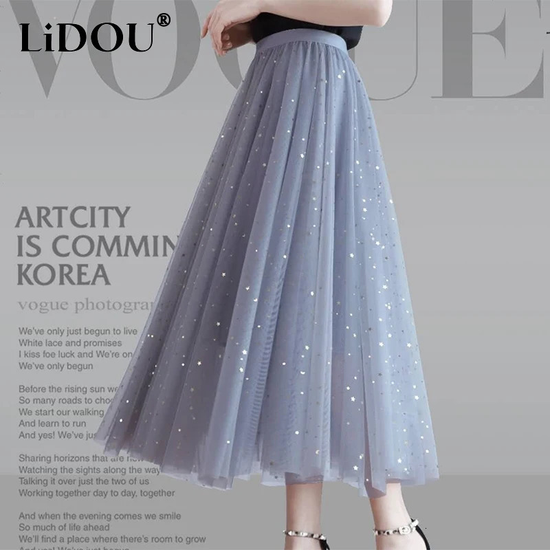 Spring Summer High Waist Elegant Sequins Mesh Skirt Ladies Temperament Allmatch Fairy Ankle Length Aline Skirts Female Clothes 250106