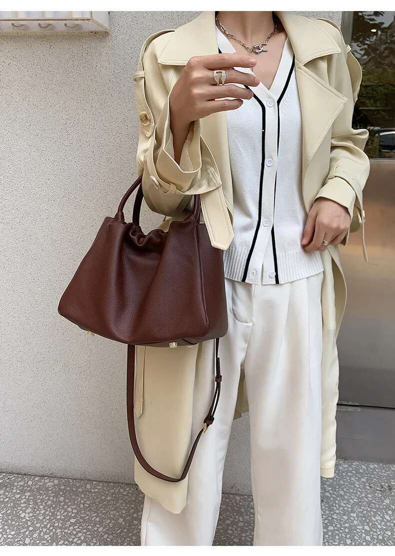 New High Class Coffee Color Large Mom Cloud Tote Soft Natural Cow Leather Women's Handbag Cowskin Female Shoulder Bag