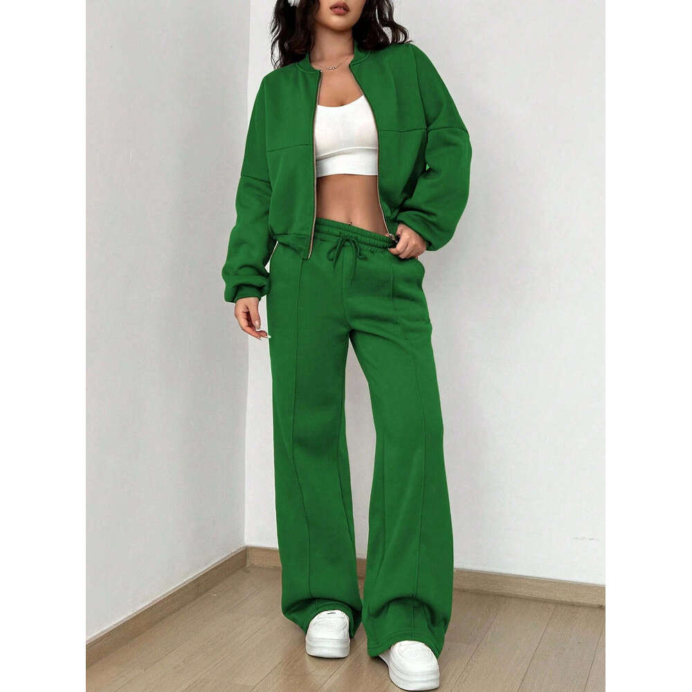 Women's Wear 2-Piece Retro Solid Color Zipper Bomber Jacket Sweatshirt + High-Waisted Lace-Up Women's Loose Veet Pants Suit