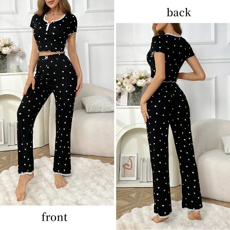 Womens Casual Pajamas Set Love Print Black Lounge Wear Decorative Button Lace Edge Short Sleeve Pants 250106