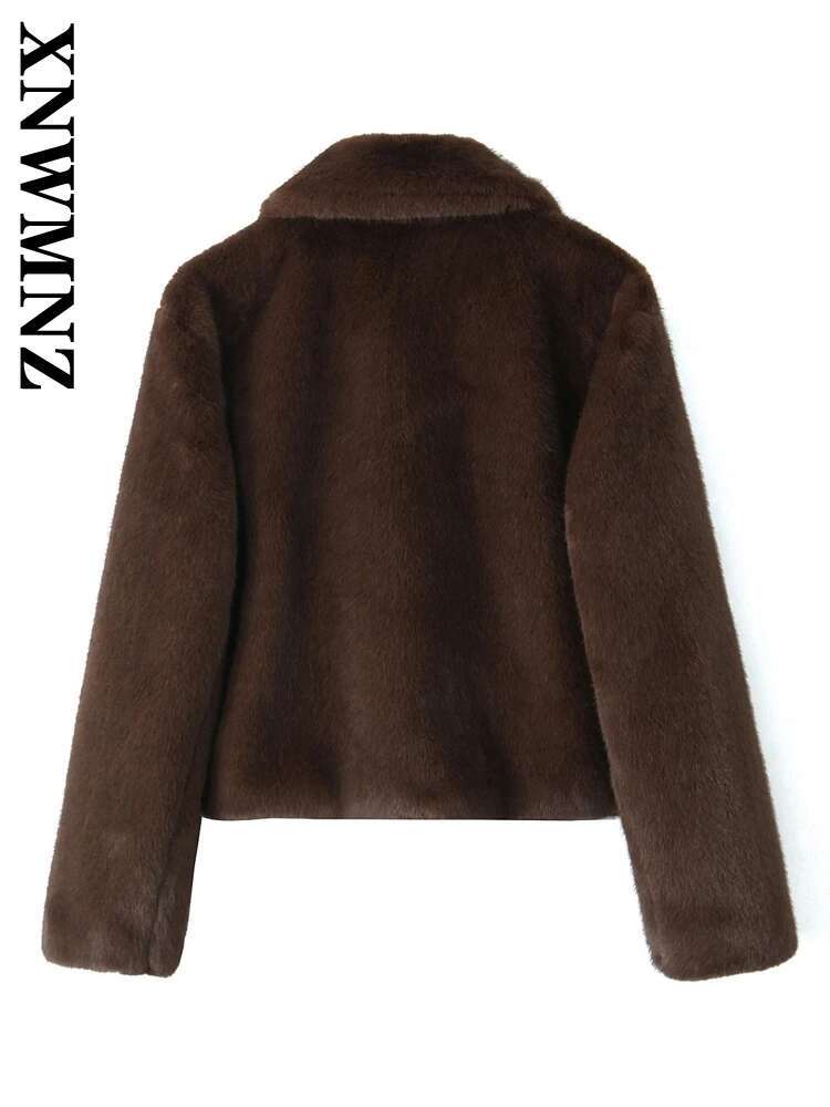 XNWMNZ 2024 Autumn New Lady Classic Turn-Down Collar Faux Fur Outerwear Coat Casual Female Long Sleeve Jacket Ruffles Thick Top
