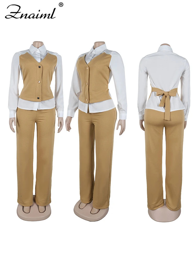 Znaiml Elegant Office Womens Long Sleeve Patchwork Vest Shirt and Straight Pants Two 2 Piece Sets Work Suits Matching Outfits 250106