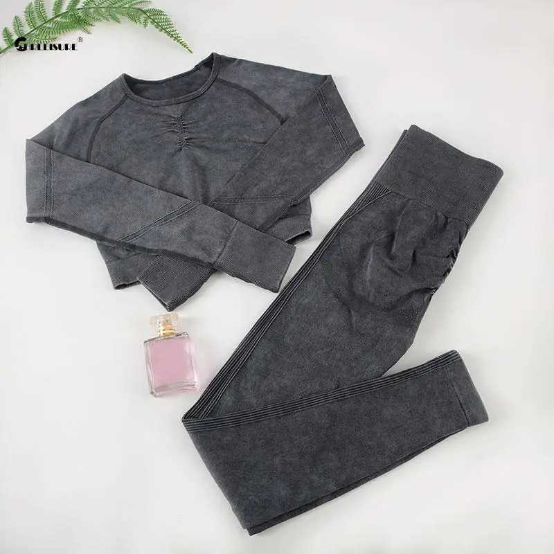 CHRLEISURE Wash Sports Set for Women Seamless Yoga Suit Long Sleeve Fitness Top with Butt Lift Scrunch Workout Leggings Gym WearXJ250109