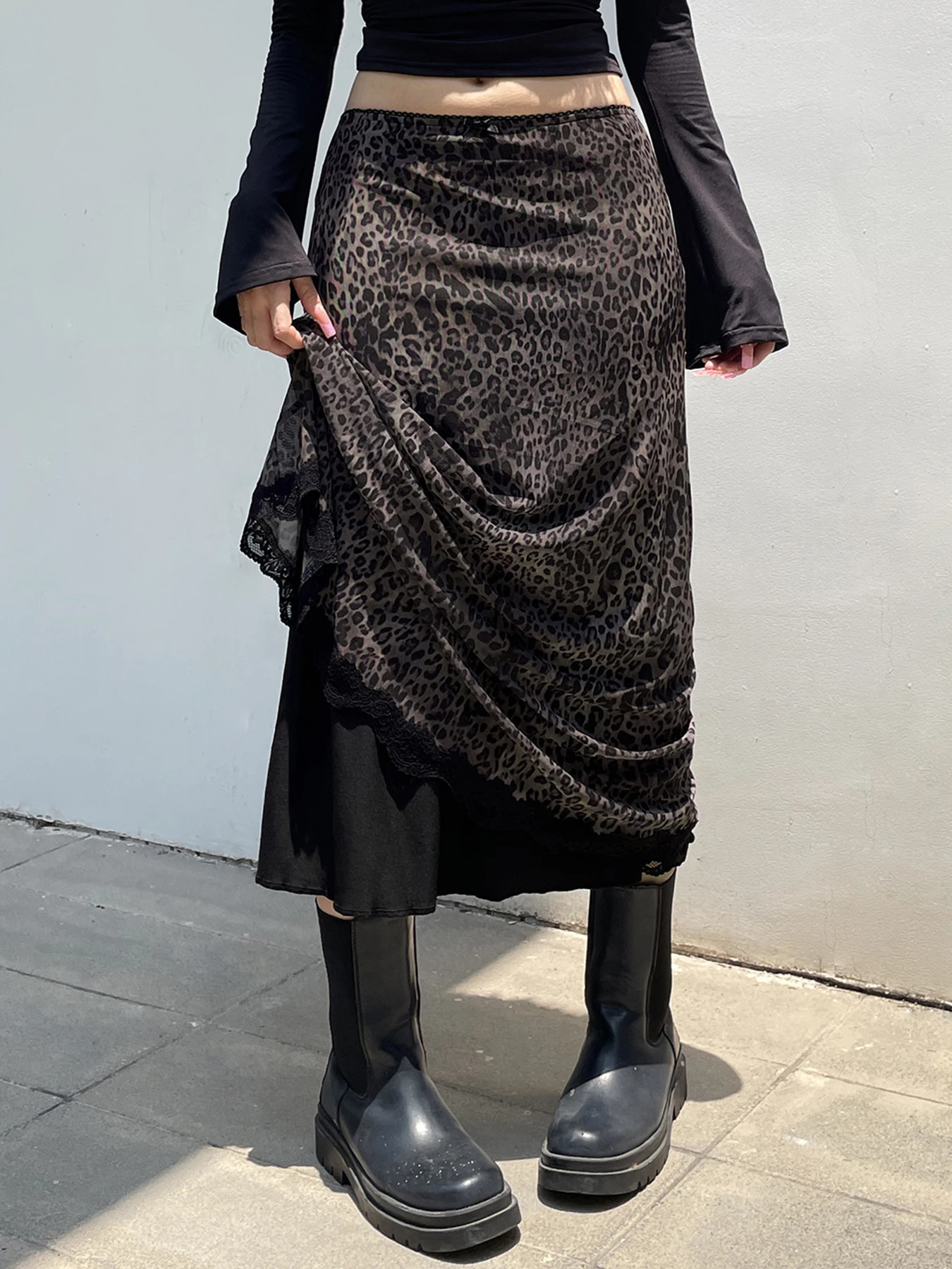 Retro Brown Leopard Y2K Long Skirts Women Lace Trim Hem Two Layers Mesh Vintage Aesthetic Elegant Fashion Clothing 250106