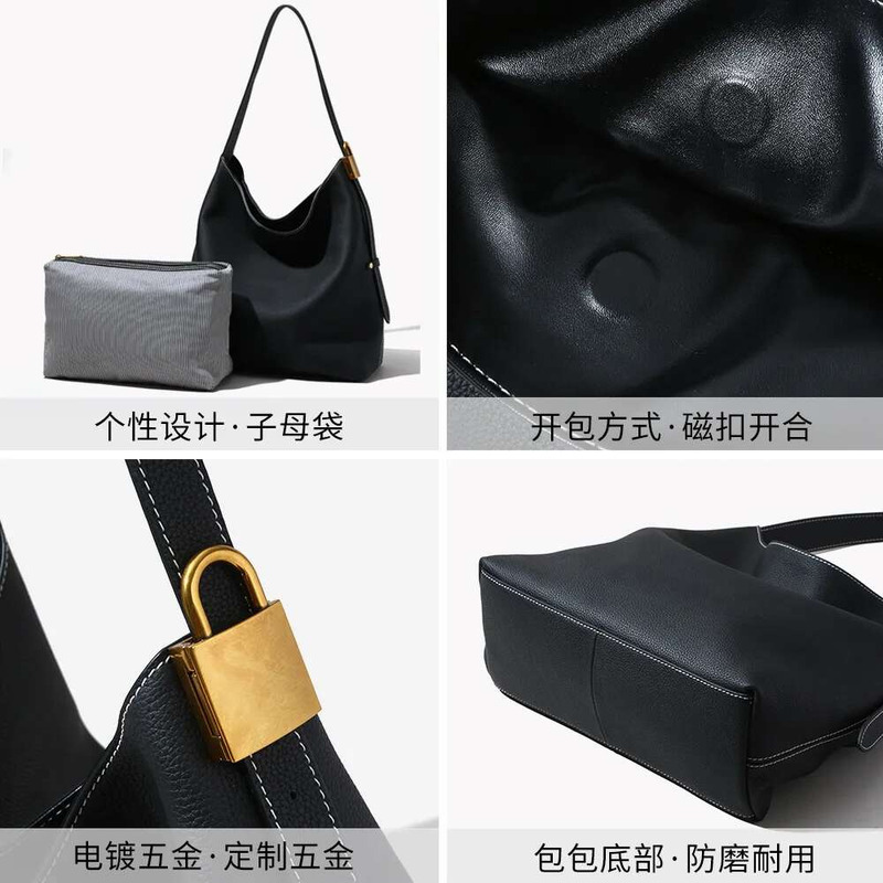Women's Niche Head Layer Lock Button Stray Genuine Leather Bag Commuter Large Capacity High End Single Shoulder Top-Handle Bags