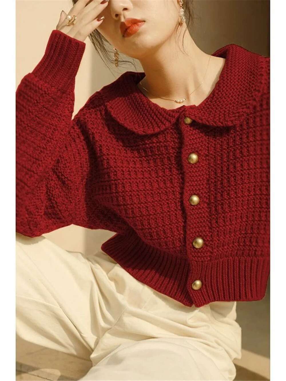 2022 Autumn Orange Crop Top Peter Pan Collar Button Up Korean Fashion Knit Cardigan Sweater Coat Fall Winter Women Y7267