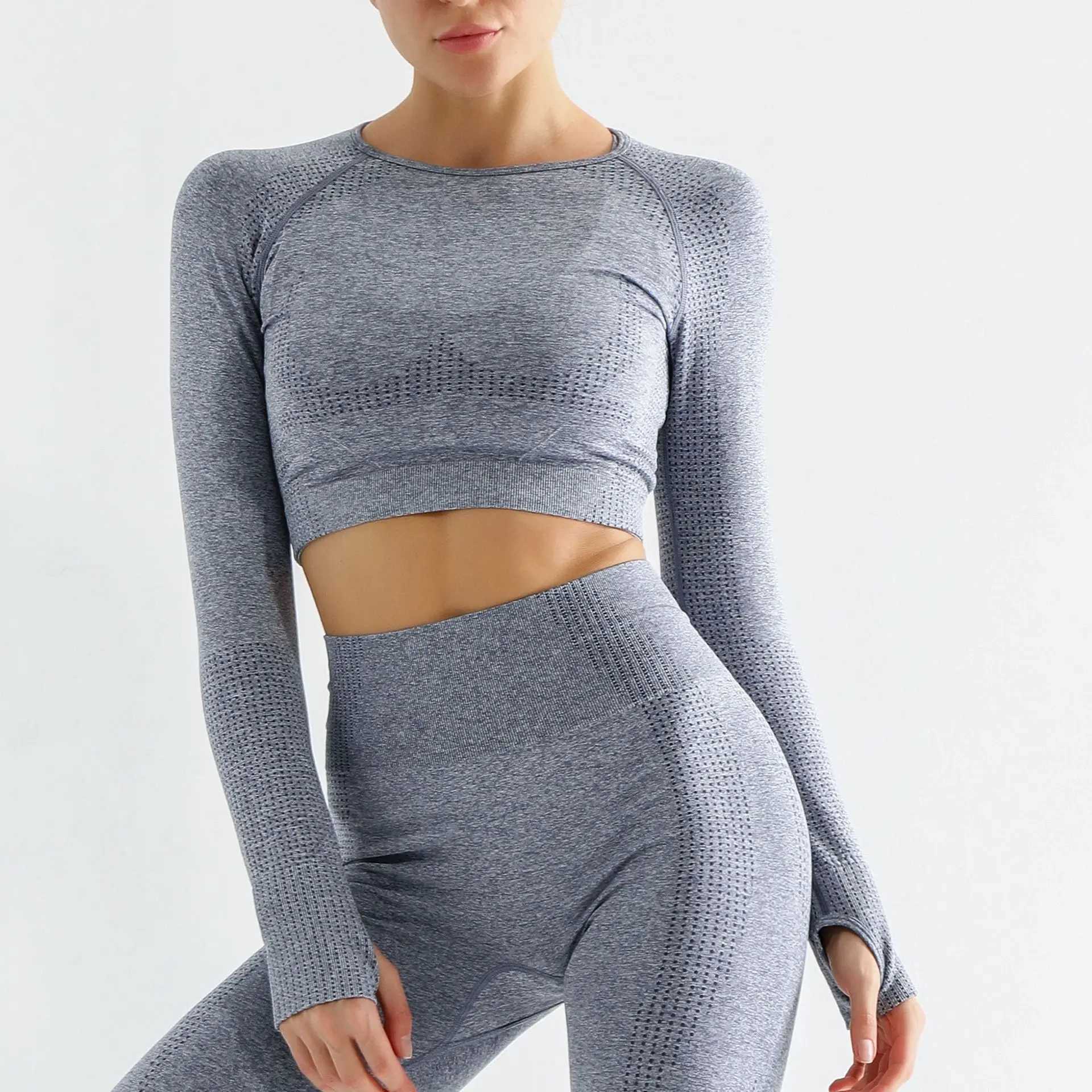 Cross-border seamless yoga clothing suit fitness top womens long-sleeved dot sports high-waisted tight-fitting butt-lifting ...XJ250109